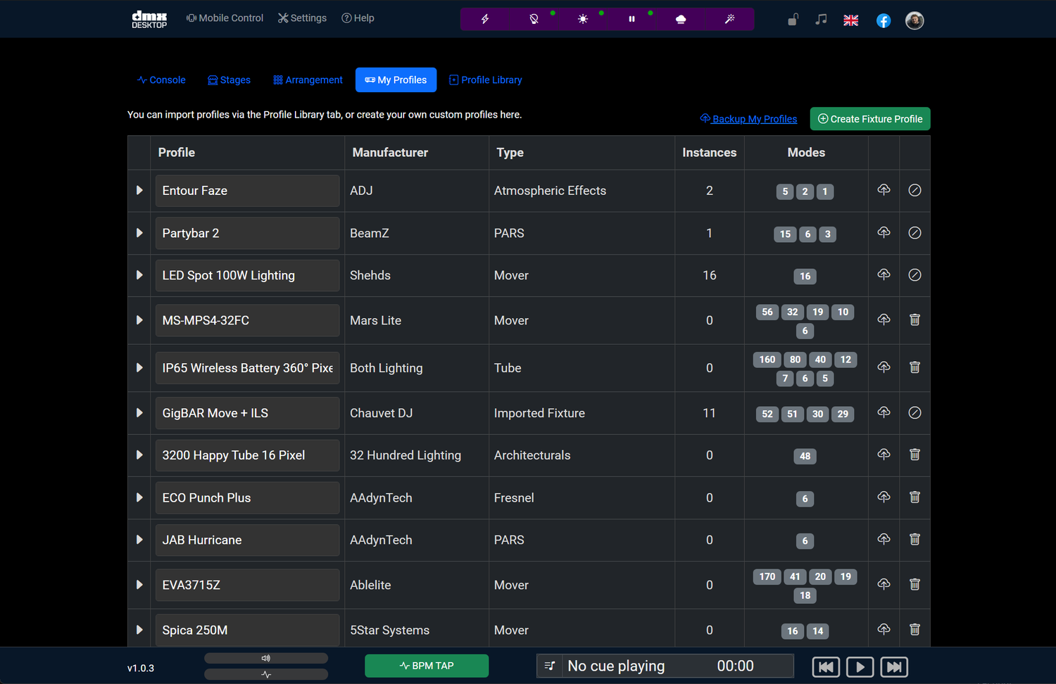 My Profiles Page - Shows the list of your Profiles you have imported from the library or created yourself.