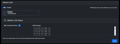 Captura de pantalla de la interfaz de configuración de Ableton Link mostrando el interruptor de habilitación, selección de interfaz, estado de conexión sin pares conectados y registros de cambio de BPM.