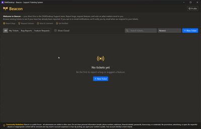 Lista de tickets de Beacon mostrando informes de errores y solicitudes de funciones