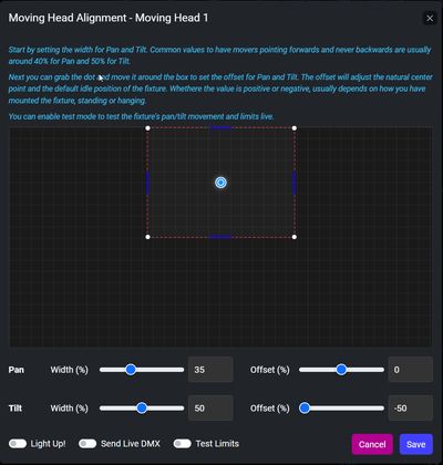 Une interface numérique pour ajuster le pan et le tilt d'un appareil de tête mobile avec des curseurs pour la largeur et le décalage, et pour la largeur et le décalage de tilt, ainsi que des options pour allumer, envoyer DMX en direct et tester les limites.