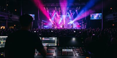 La vista da dietro una console di illuminazione verso un palco illuminato da fasci magenta e blu
