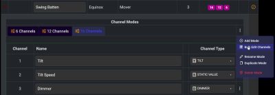 Capture d'écran d'un panneau de contrôle pour ajuster les modes de caméra avec des options pour 6, 12 ou 16 canaux.