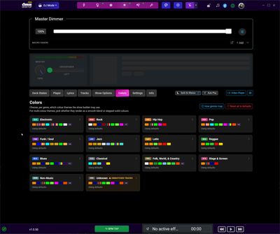 Der DJ Mode Colors-Tab mit einer Karte pro Genre-Familie, die die Farben anzeigt, die jede verwenden wird