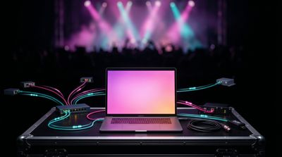 Laptop running DMXDesktop with Art-Net, sACN, and USB DMX cables fanning out to multiple nodes