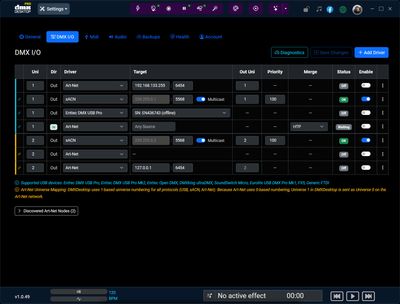 Table de configuration DMXDesktop DMX I/O Unifié