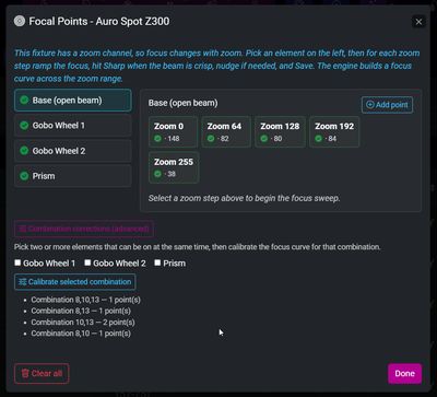 Panel de correcciones de combinación de Focal Points, marcando elementos que pueden estar encendidos al mismo tiempo