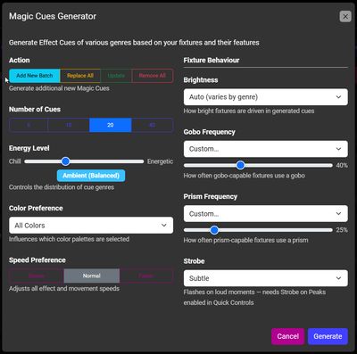 El diálogo del Magic Cues Generator con controles de acción, número de cues, energía, color y comportamiento de fixture