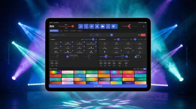 DMXDesktop Mobile App on tablet with stage lighting