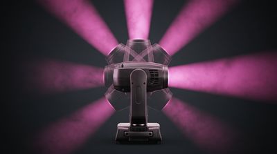 A single moving head fixture firing magenta beams in every direction, illustrating its enormous range of movement