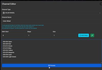 Screenshot di un'interfaccia di configurazione della ruota colori digitale con intervalli di colore e passaggi DMX