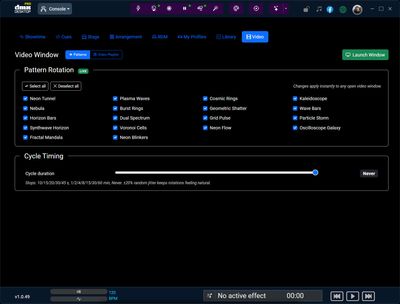 Onglet Vidéo de DMXDesktop montrant la grille de case à cocher de Rotation de Motif et le curseur de durée de cycle