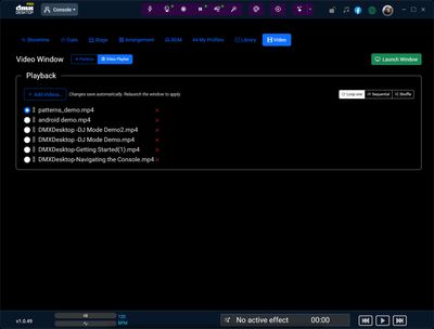 Onglet Vidéo de DMXDesktop montrant le mode Playlist Vidéo avec une liste de fichiers MP4 et des options Boucle / Séquentiel / Aléatoire