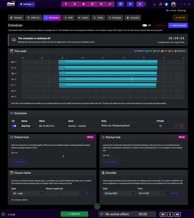 The DMXDesktop Scheduler showing the week timeline, the schedules table with a sunrise to sunset window, default and startup looks, closure dates and Simulate