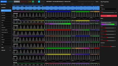 Timeline editor with clip properties panel showing beam and color controls