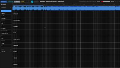 Empty timeline editor showing fixture group rows and audio waveform