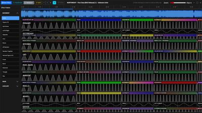 Fully populated timeline with colorful effect clips across all fixture groups