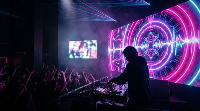 DJ booth with large LED wall displaying audio-reactive neon visuals