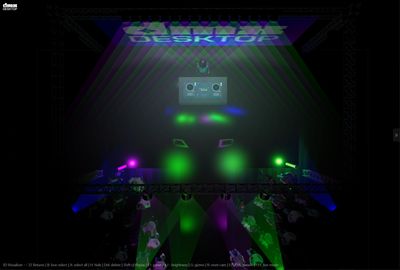 DMXDesktop 3D Visualizer showing colorful beams, haze effects, and floor hits from behind the DJ booth