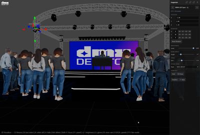 DMXDesktop 3D Visualizer inspector panel with positioning gizmo on a selected fixture