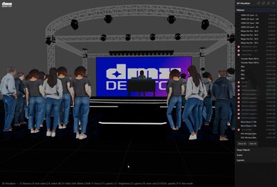 DMXDesktop 3D Visualizer fixture list panel showing patched fixture types