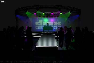 DMXDesktop 3D Visualizer showing a fully lit stage