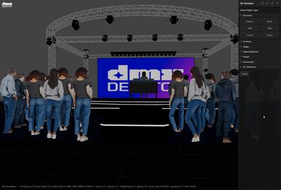 DMXDesktop 3D Visualizer object library showing categories for structures, furniture, people, and equipment
