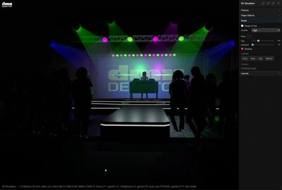 DMXDesktop 3D Visualizer with scene settings panel showing haze and environment controls