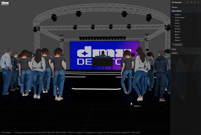 DMXDesktop 3D Visualizer stage objects panel listing placed scene elements